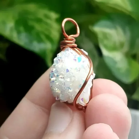 Aura Quartz Crystal Cluster Pendant, Copper Wire Pendant, Gemstone, 1" - Picture 1 of 4